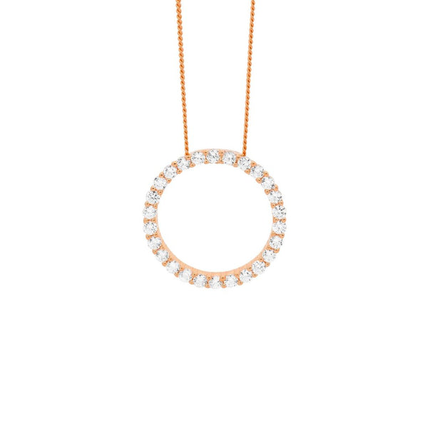 Sterling Silver, 18ct Rose Gold Plated Open Circle Cubic Zirconia Necklace Sterling Silver Adjustable Chain Included