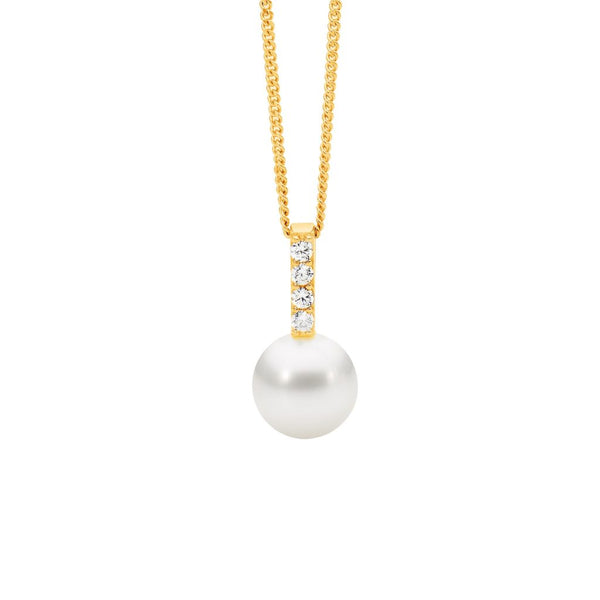Sterling Silver 18ct Yellow Gold Plated, Cubic Zirconia Fresh Water Pearl Necklace. Sterling Silver Adjustable Chain Included