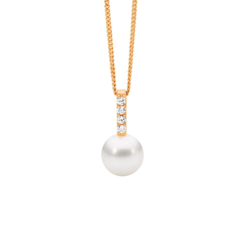 Sterling Silver 18ct Rose Gold Plated, Cubic Zirconia Fresh Water Pearl Necklace. Sterling Silver Adjustable Chain Included