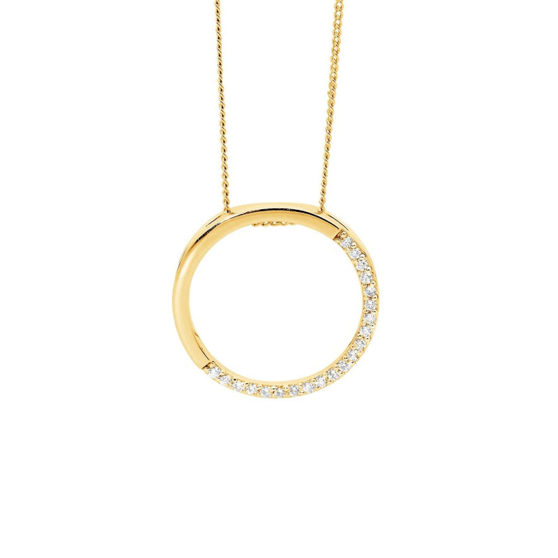 Sterling Silver 18ct Yellow Gold Plated Open Circle with Cubic Zirconia’s Half Way around. Sterling Silver, Yellow Gold Adjustable Chain Included