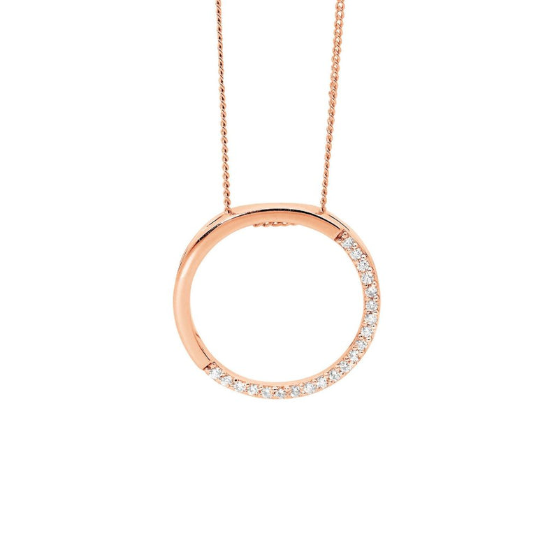 Sterling Silver 18ct Rose Gold Plated Open Circle with Cubic Zirconia’s Half Way around. Sterling Silver, Rose Gold Adjustable Chain Included