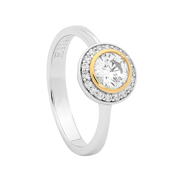 Sterling Silver Round Cubic Zirconia Solitaire with 18ct Yellow  Gold Plate Outline and Cubic Zirconia Surrounding Ring