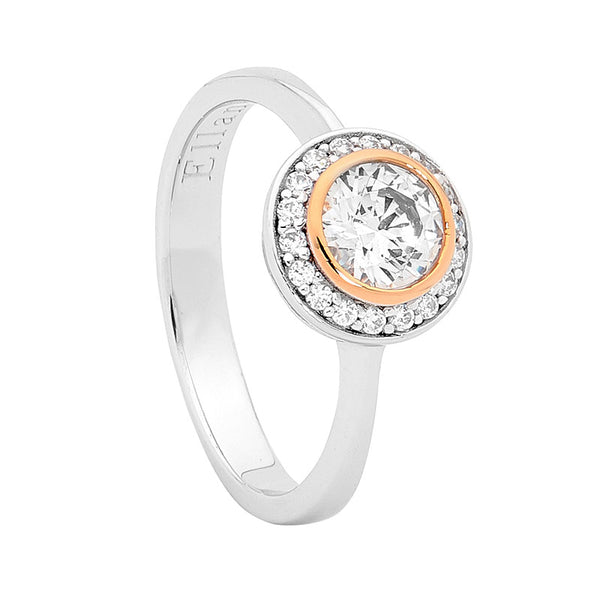 Sterling Silver Round Cubic Zirconia Solitaire with 18ct Rose Gold Plate Outline and Cubic Zirconia Surrounding Ring