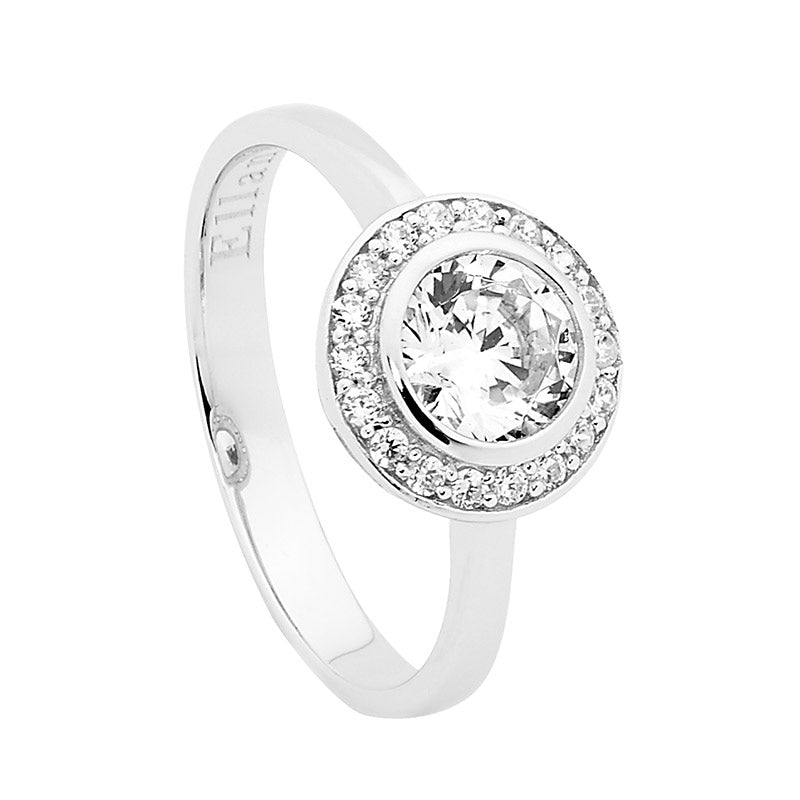 Sterling Silver Round Cubic Zirconia Solitaire with Cubic Zirconia Surrounding Ring