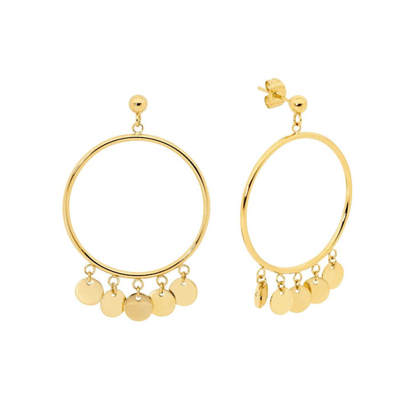 Stainless Steel Yellow Gold Plate, Open Circle Disc Earrings – 3cm Long