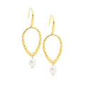Stainless Steel Yellow Gold  IP Plate Hammered Open Tear Shaped Earrings with Fresh Water Pearl Drop