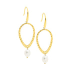 Stainless Steel Yellow Gold  IP Plate Hammered Open Tear Shaped Earrings with Fresh Water Pearl Drop