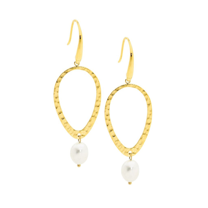Stainless Steel Yellow Gold  IP Plate Hammered Open Tear Shaped Earrings with Fresh Water Pearl Drop