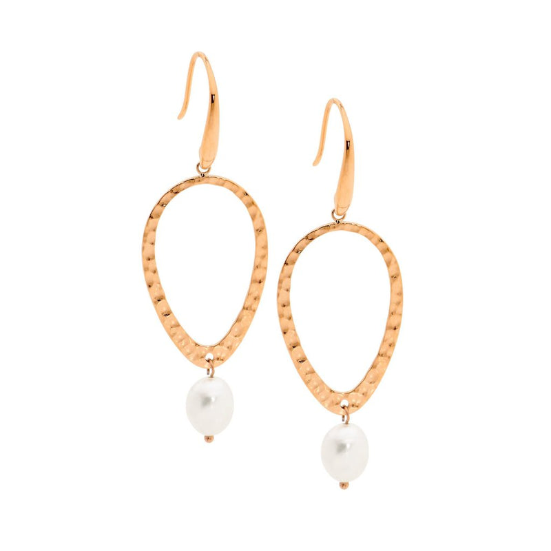 Stainless Steel Rose Gold  IP Plate Hammered Open Tear Shaped Earrings with Fresh Water Pearl Drop