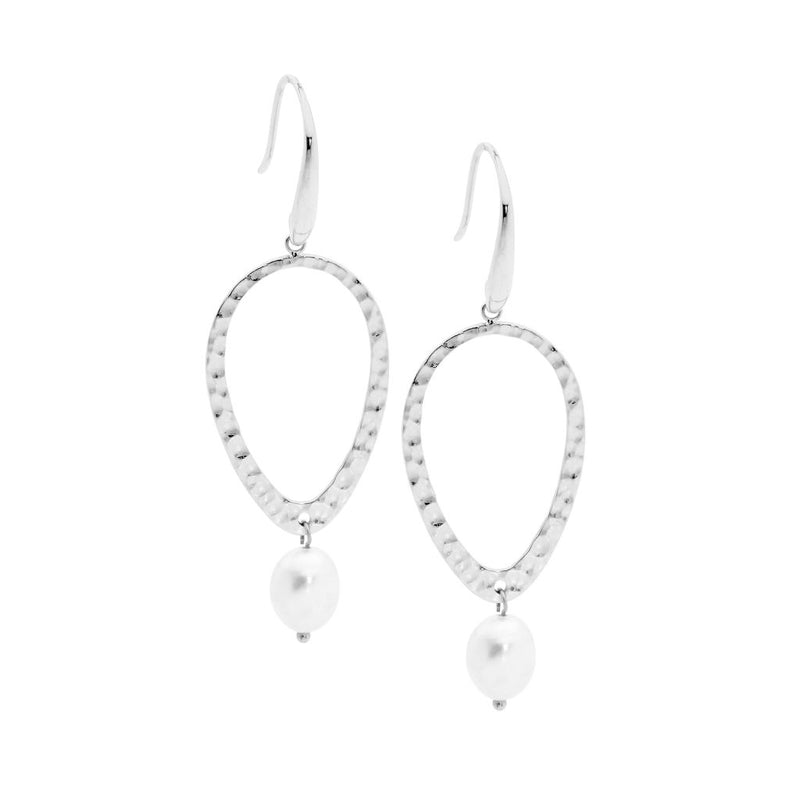 Stainless Steel  Hammered Open Tear Shaped Earrings with Fresh Water Pearl Drop