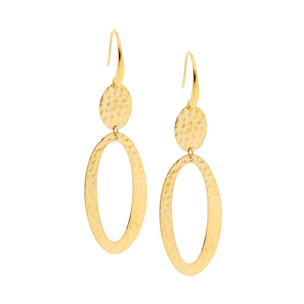 Stainless Steel Yellow IP Plate Hammered Set Abstract Drop Earrings