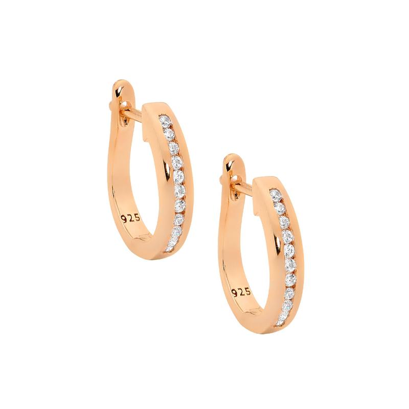 Sterling Silver, 18ct Rose Gold Plating Cubic Zirconia Huggie Earring
