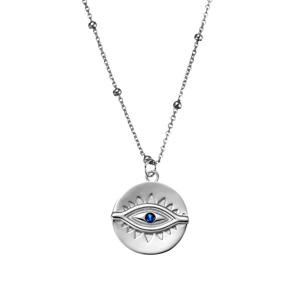 Sterling Silver Ball Chain Necklace with Eye Pendant & Blue CZ - 2 Colours