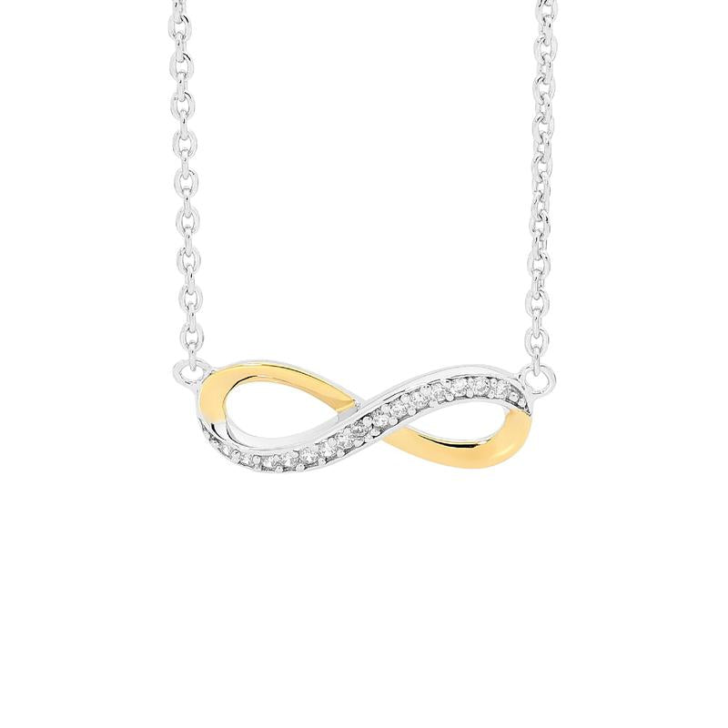 Sterling Silver 18ct Yellow Gold Infinity Necklace with Cubic Zirconia, Sterling Silver Adjustable Chain Included 