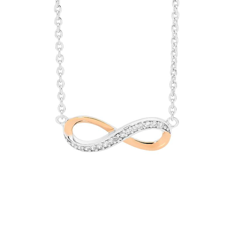 Sterling Silver 18ct Rose Gold Infinity Necklace with Cubic Zirconia, Sterling Silver Adjustable Chain Included