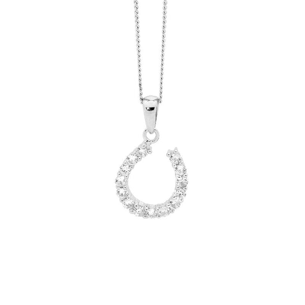 Sterling Silver, Cubic Zirconia Small Horseshoe Necklace, Sterling Silver Adjustable Chain Included